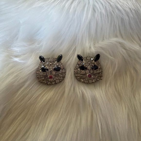 Kenneth Jay Lane Silver and Black Cat Earrings 1950’s - Picture 3 of 5
